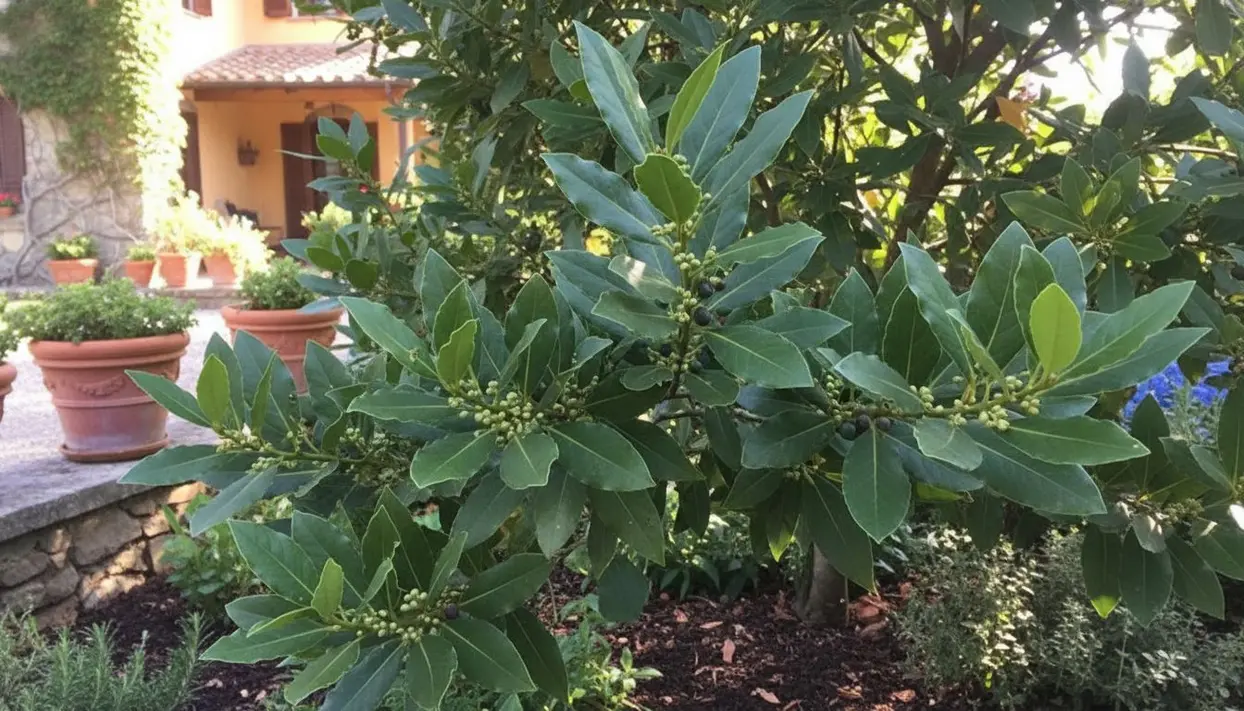 Pianta di alloro rigogliosa in un giardino mediterraneo vicino a una casa