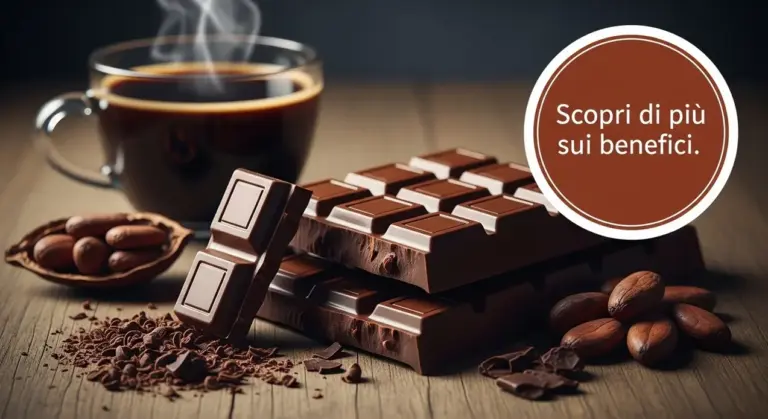 Tavolette di cioccolato fondente accanto a una tazza di caffè e fave di cacao su un tavolo in legno