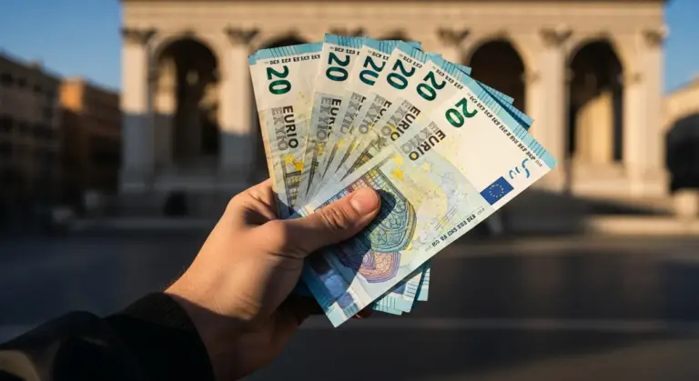 Una mano tiene delle banconote da 20 euro davanti a un edificio in stile classico