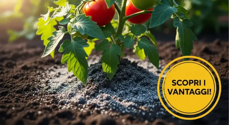 Pianta di pomodoro con cenere sparsa nel terriccio attorno alle radici.