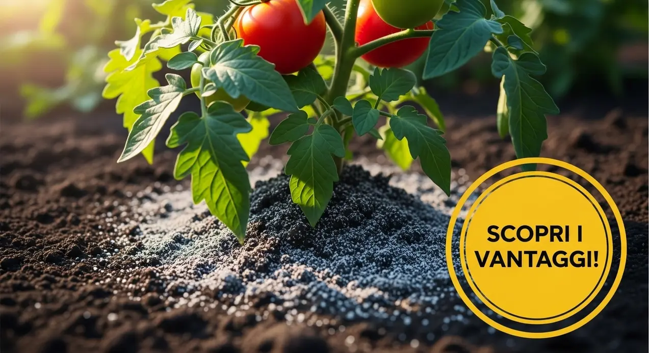 Pianta di pomodoro con cenere sparsa nel terriccio attorno alle radici.