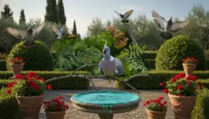 Piccioni posati su un ramo e in volo sopra una fontana da giardino con acqua di colore verde brillante