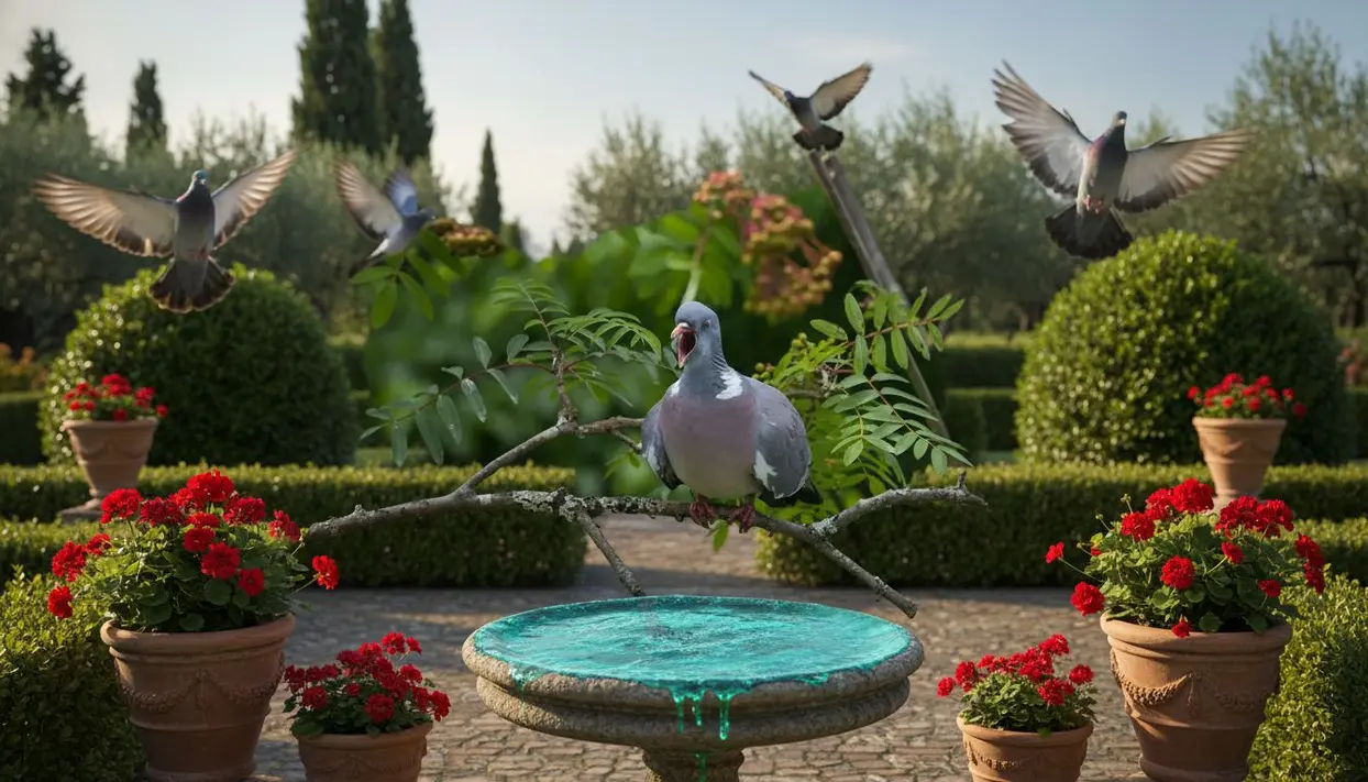 Piccioni posati su un ramo e in volo sopra una fontana da giardino con acqua di colore verde brillante