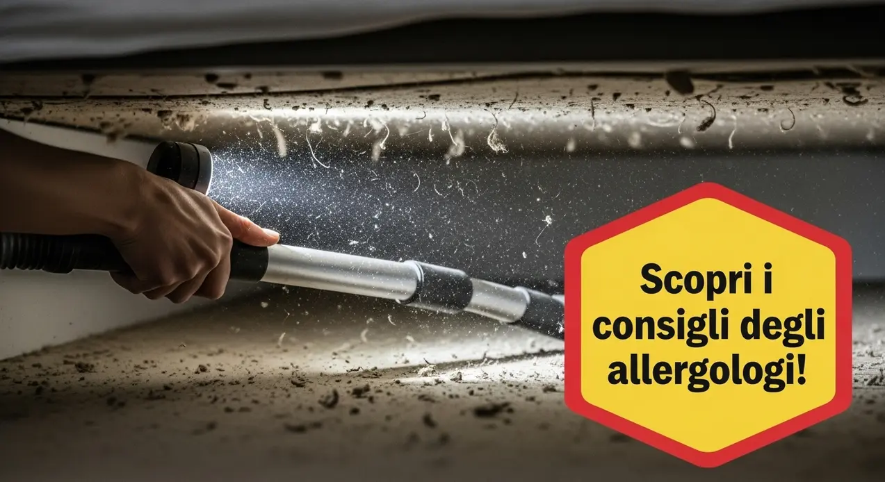 Una persona usa un aspirapolvere per rimuovere la polvere sotto un letto