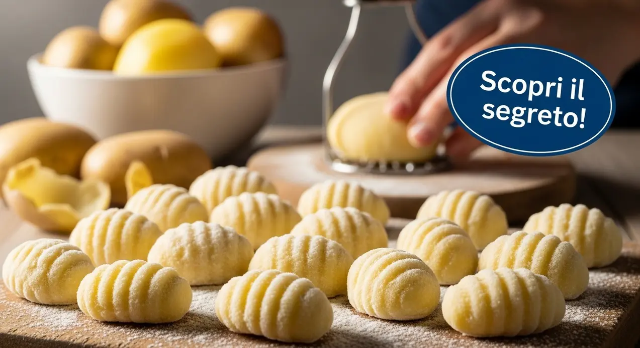 Gnocchi fatti in casa su un tagliere con patate sbucciate sullo sfondo