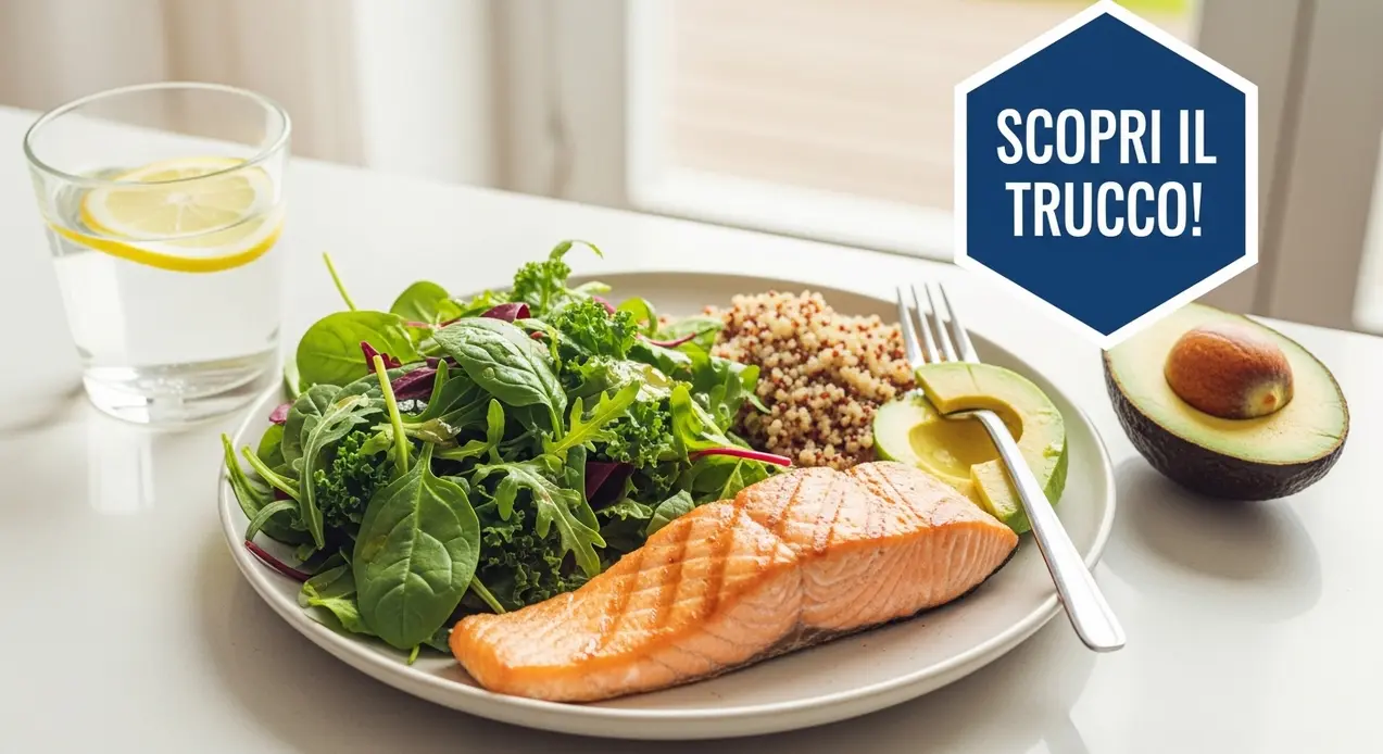 Piatto con salmone, avocado, insalata mista e quinoa affiancato da un bicchiere d'acqua con limone