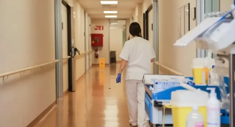 Operatrice sanitaria in camice bianco cammina lungo un corridoio ospedaliero