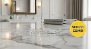 Gocce d'acqua su una superficie in marmo lucida con asciugamani sullo sfondo