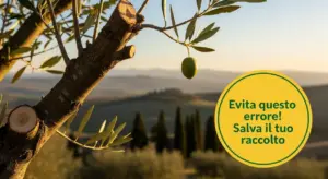 Ramo di ulivo potato con un'oliva verde in primo piano su sfondo collinare