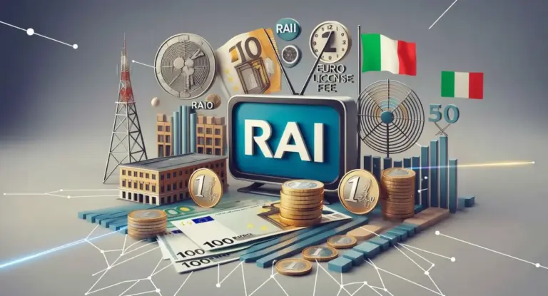 Illustrazione con simboli finanziari, televisore con logo RAI e bandiera italiana