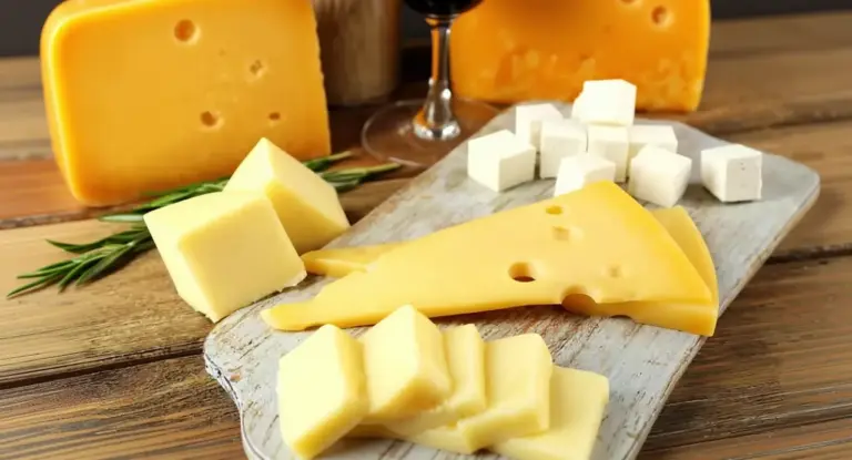 Varie tipologie di formaggi su un tagliere di legno.