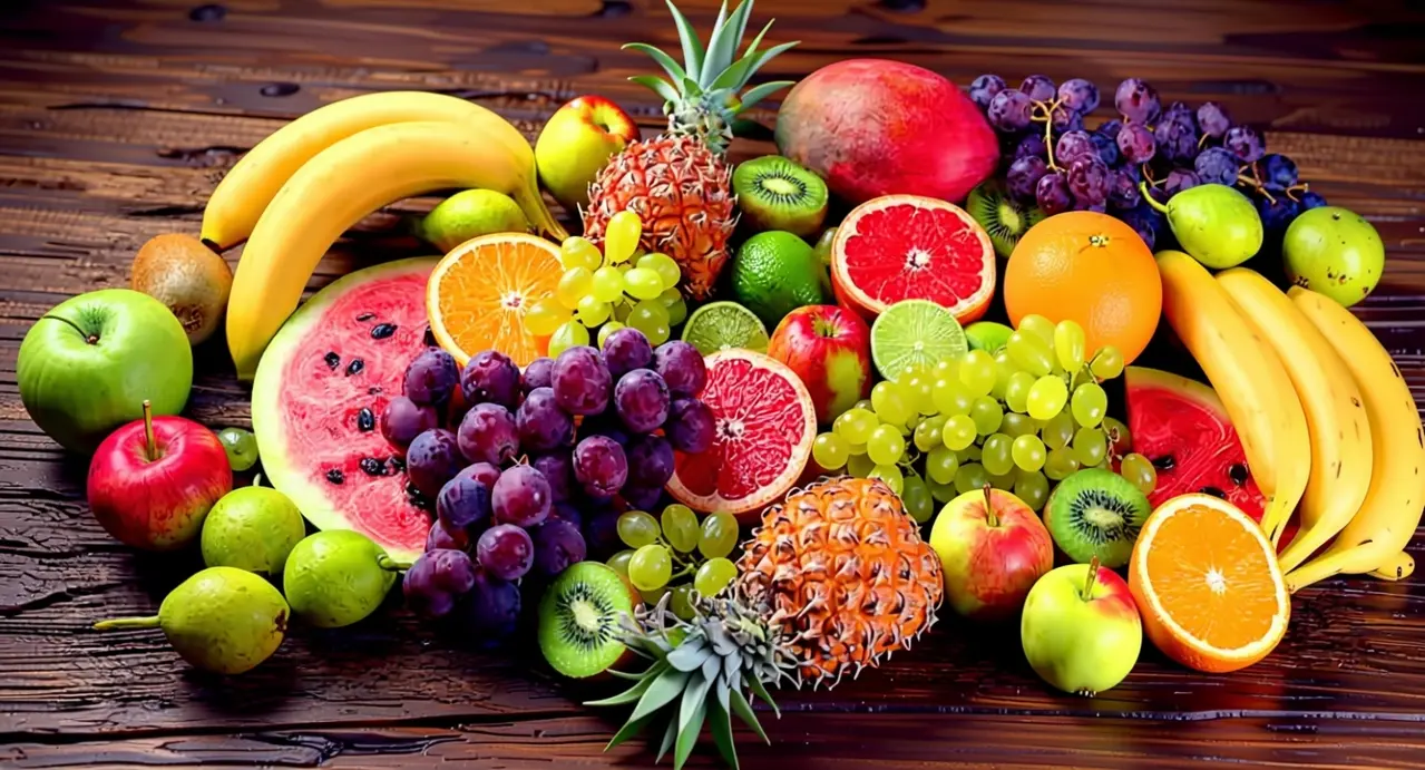 Varietà di frutta fresca su un tavolo di legno, tra cui ananas, uva, arance e kiwi