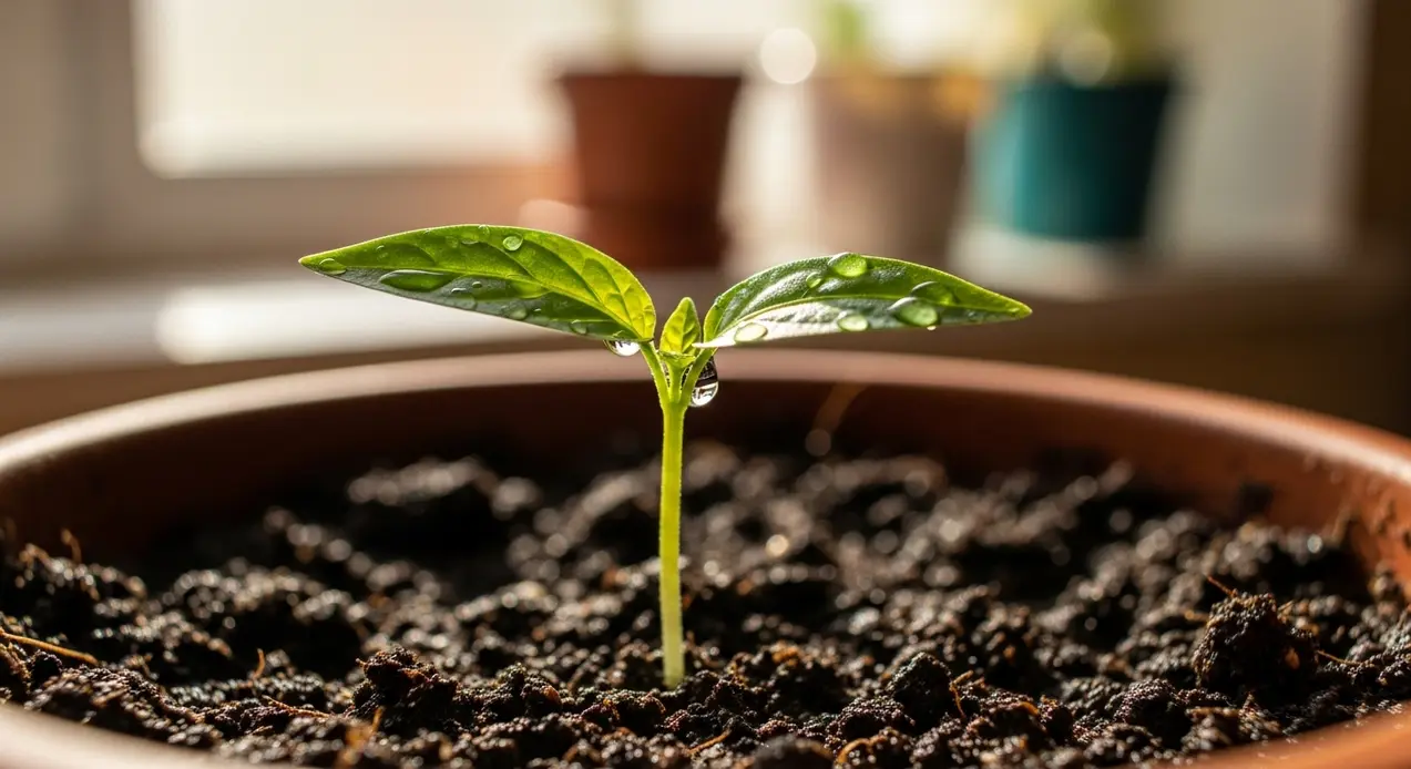 Germoglio giovane di pianta in vaso con gocce d'acqua sulle foglie