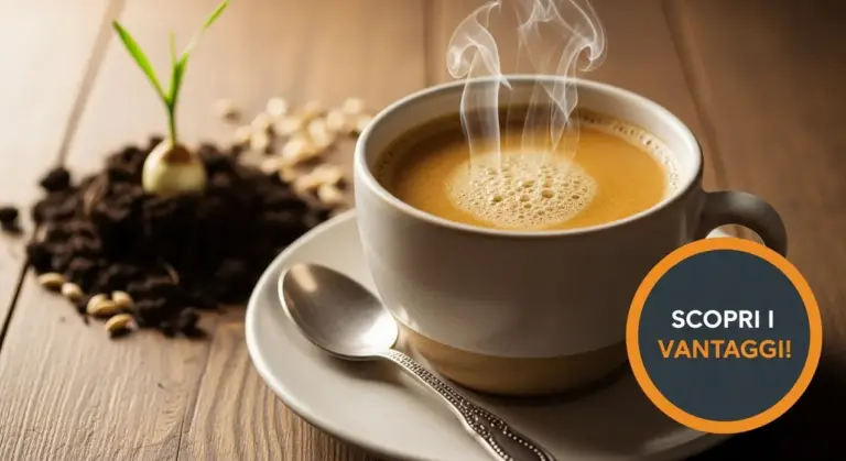 Tazza fumante di caffè d'orzo su tavolo in legno con piantina e chicchi sullo sfondo