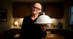 Una persona in abiti eleganti tiene un piatto coperto in una cucina raffinata