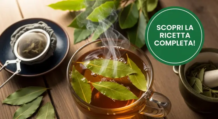 Tazza di infuso caldo con foglie di alloro fresche e utensili per tisane su tavolo di legno