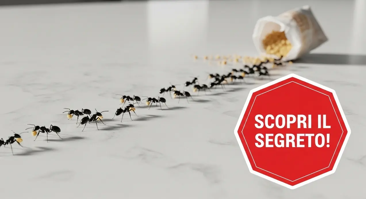 Formiche in fila su un piano della cucina vicino a un contenitore rovesciato con cibo
