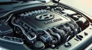 Motore Hyundai con componenti complessi visto da vicino sotto il cofano di un'auto