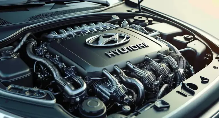 Motore Hyundai con componenti complessi visto da vicino sotto il cofano di un'auto