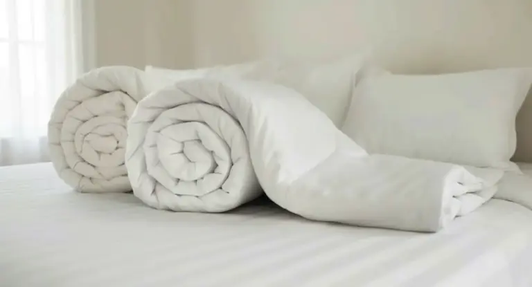 Due piumoni bianchi arrotolati su un letto con lenzuola bianche