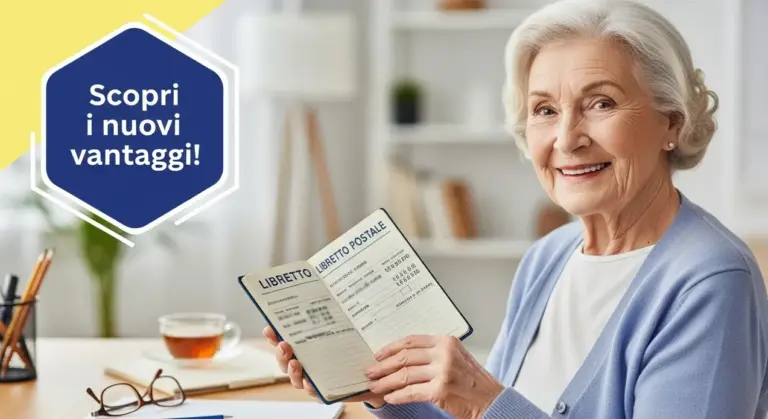 Persona anziana sorridente mostra un libretto postale in un ambiente domestico luminoso