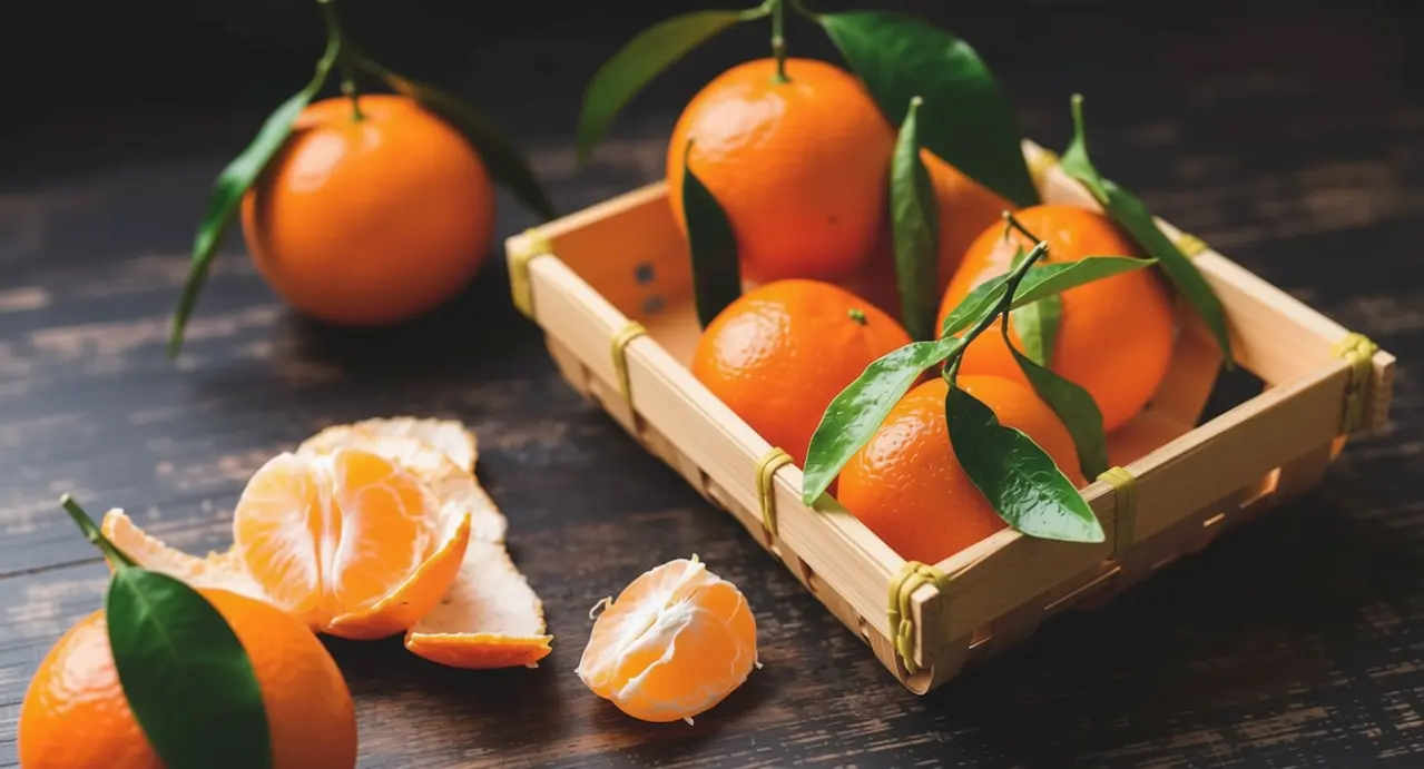 Cestino di mandarini freschi con foglie verdi su tavolo di legno