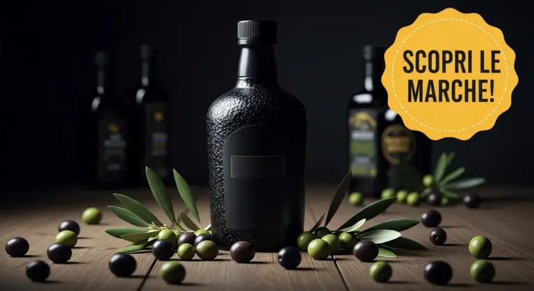 Bottiglia di olio d'oliva scura con olive e foglie su tavolo in legno