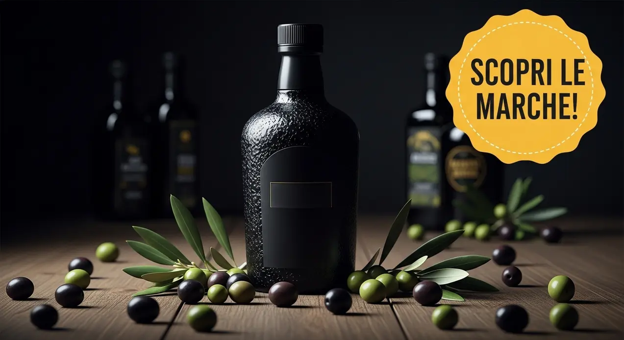 Bottiglia di olio d'oliva scura con olive e foglie su tavolo in legno