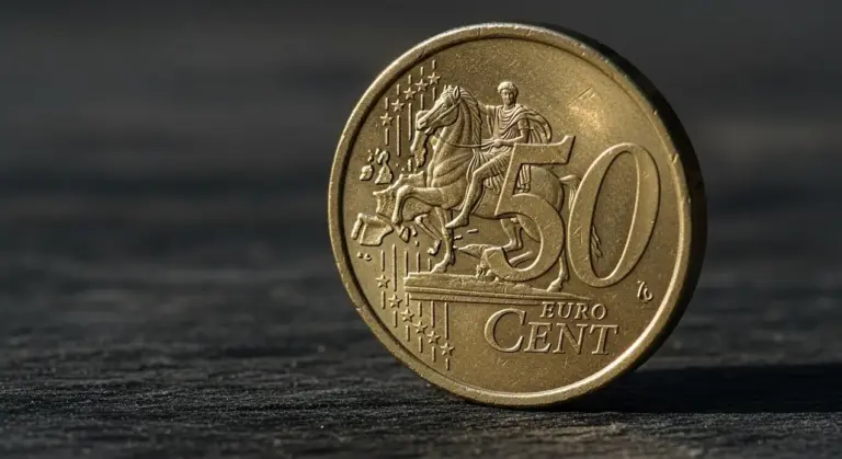 Moneta da 50 centesimi di euro appoggiata su una superficie scura
