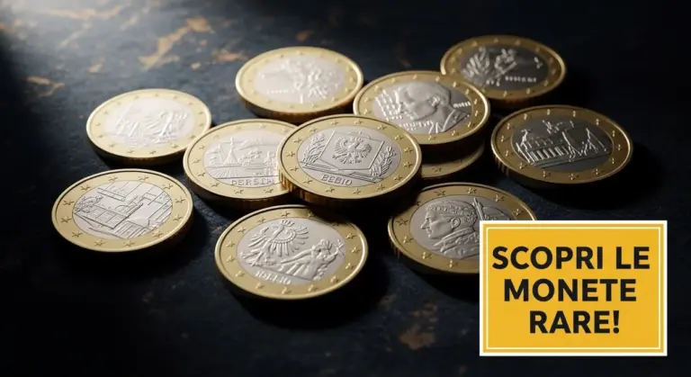 Monete commemorative in euro disposte su una superficie scura, con disegni e simboli vari