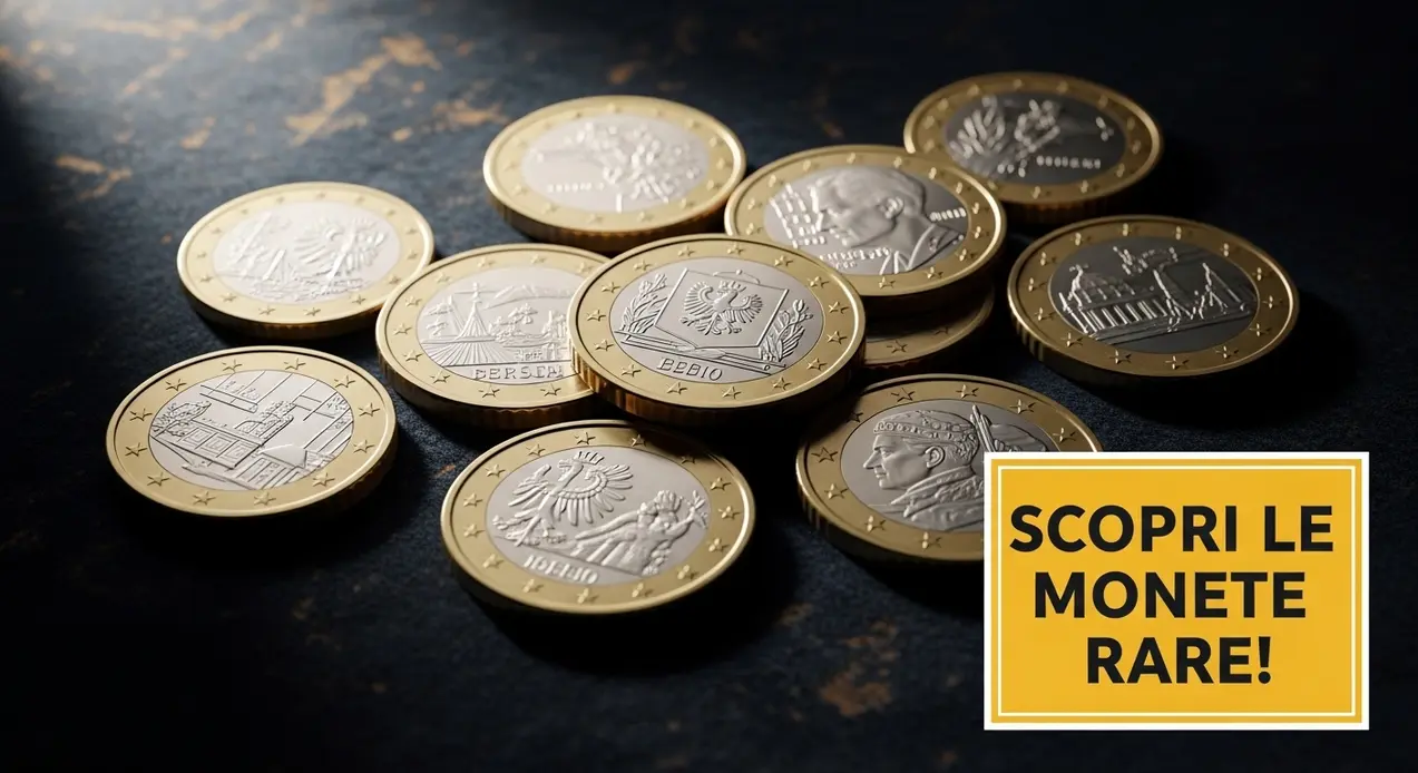 Monete commemorative in euro disposte su una superficie scura, con disegni e simboli vari