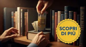 Mani nascondono banconote in un libro-cassaforte nascosto tra altri libri su uno scaffale.
