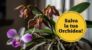 Orchidea con fiori appassiti e uno in buona salute in un vaso da interno