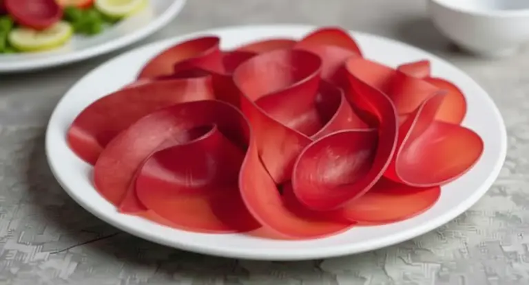 Fette di bresaola disposte su un piatto bianco su un tavolo grigio
