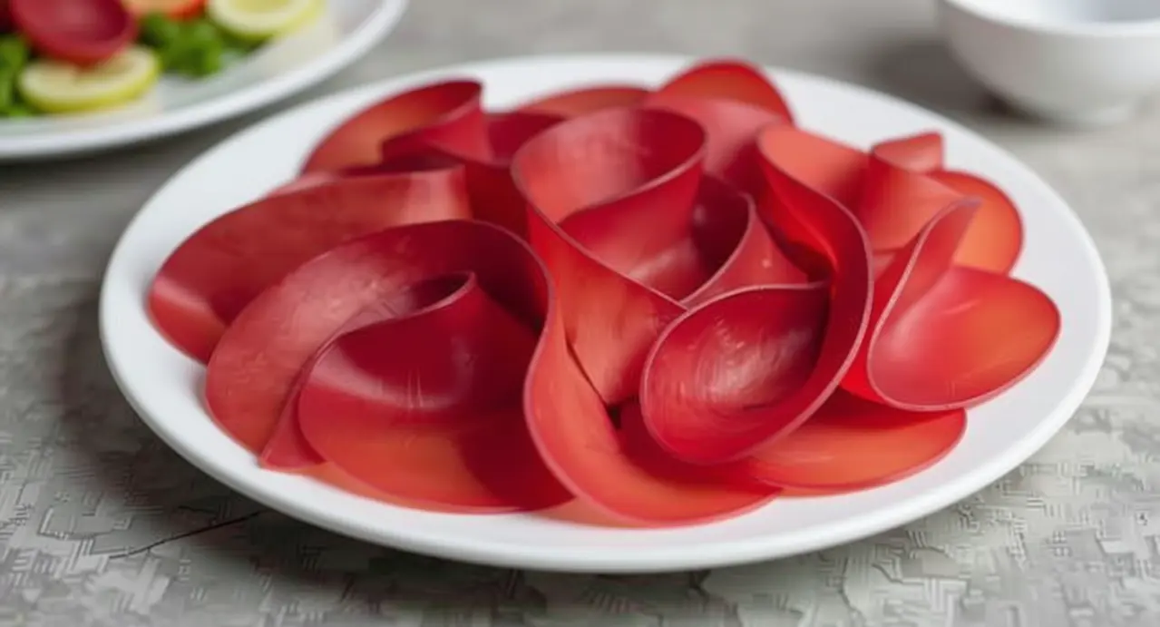 Fette di bresaola disposte su un piatto bianco su un tavolo grigio