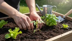 Mani che curano piante in un orto rialzato con terreno scuro e ortaggi