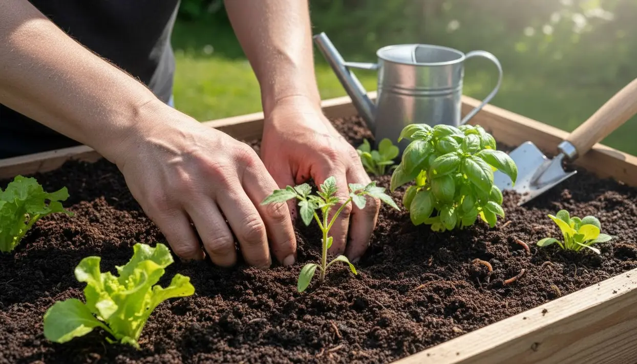 Mani che curano piante in un orto rialzato con terreno scuro e ortaggi
