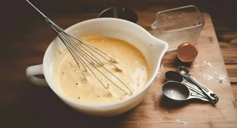 Ciotola con pastella cremosa per frittura e frusta su un piano da cucina in legno
