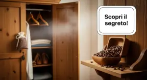 Armadio profumato con sacchetto di chicchi di caffè e ciotola in legno con chicchi