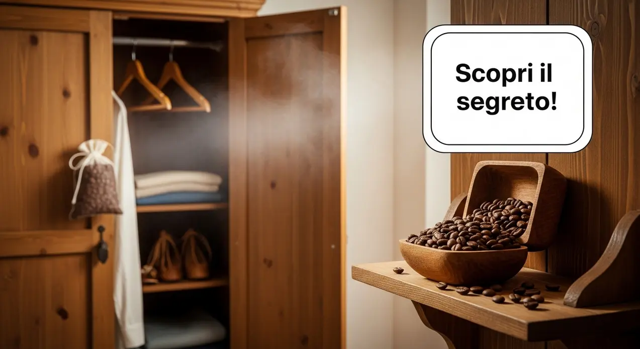 Armadio profumato con sacchetto di chicchi di caffè e ciotola in legno con chicchi