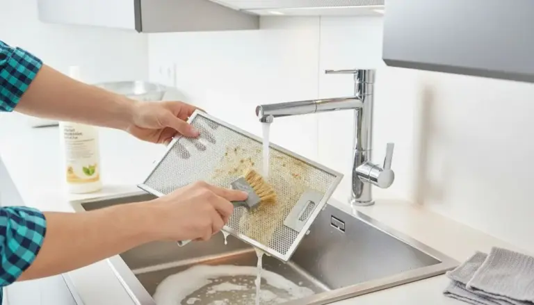 Una persona lava con una spazzola un filtro per cappa sotto l'acqua corrente nel lavandino della cucina