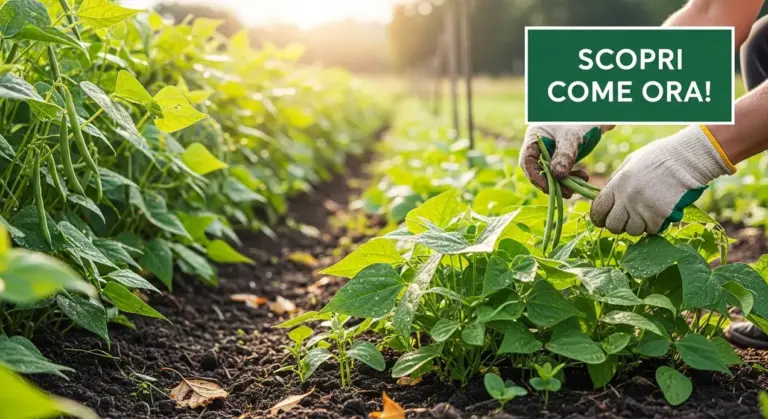 Mani con guanti raccolgono fagiolini verdi in un orto soleggiato