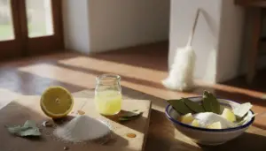 Ingredienti naturali come limone, bicarbonato e alloro su un tavolo con uno spolverino sullo sfondo