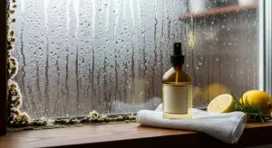 Finestra con condensa e muffa sul vetro accanto a uno spray naturale con limone e panno