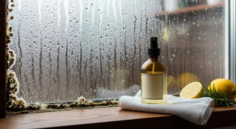 Finestra con condensa e muffa sul vetro accanto a uno spray naturale con limone e panno