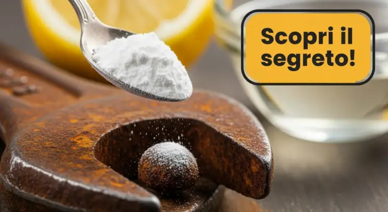 Cucchiaio con bicarbonato sopra una pinza arrugginita, sullo sfondo limone e ciotola.