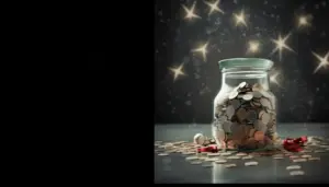 Un barattolo di vetro pieno di monete su uno sfondo scuro con luci scintillanti