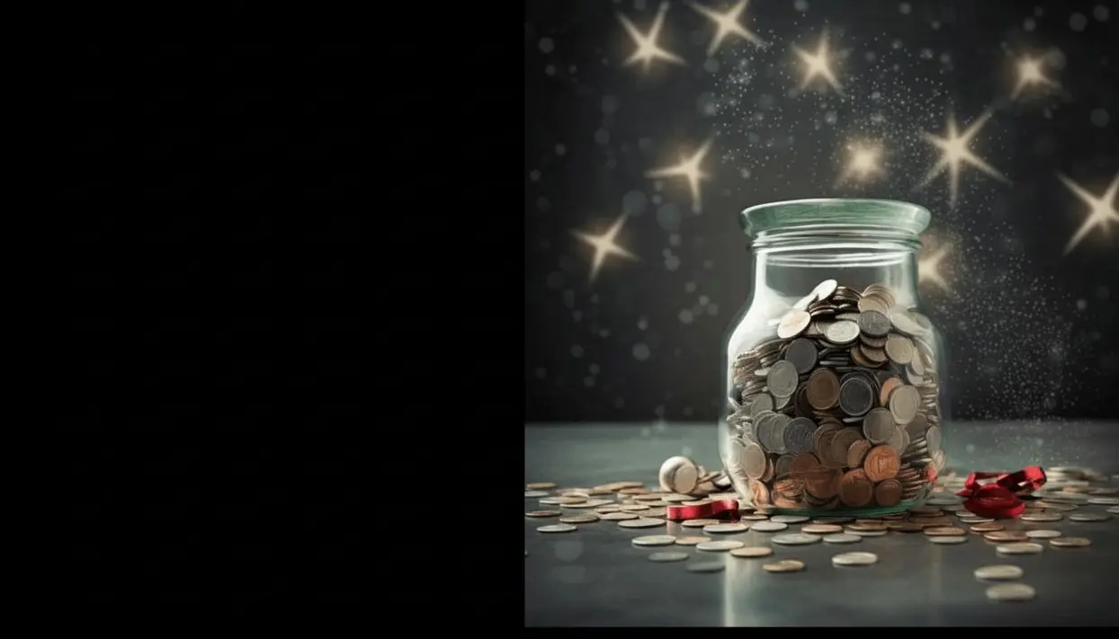 Un barattolo di vetro pieno di monete su uno sfondo scuro con luci scintillanti