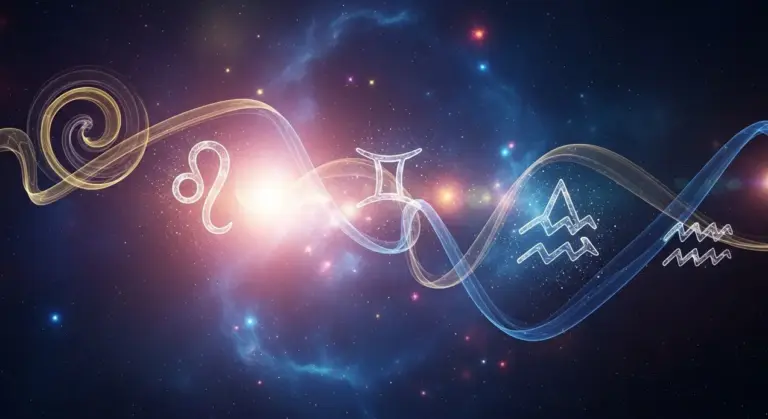 Simboli zodiacali di Leone, Gemelli e Acquario su sfondo cosmico