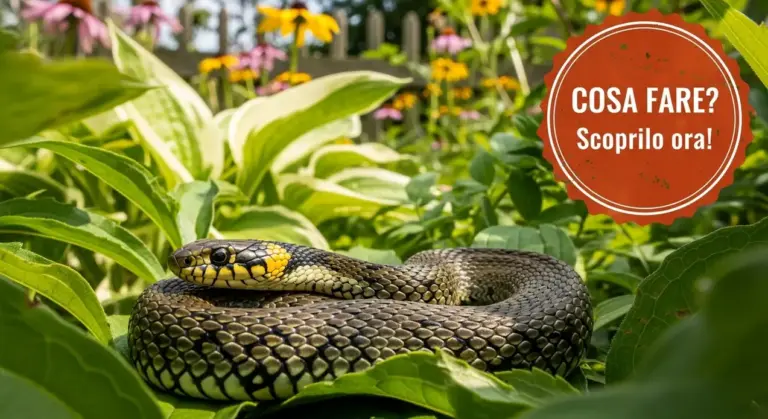 Serpente non velenoso arrotolato tra le piante di un giardino fiorito